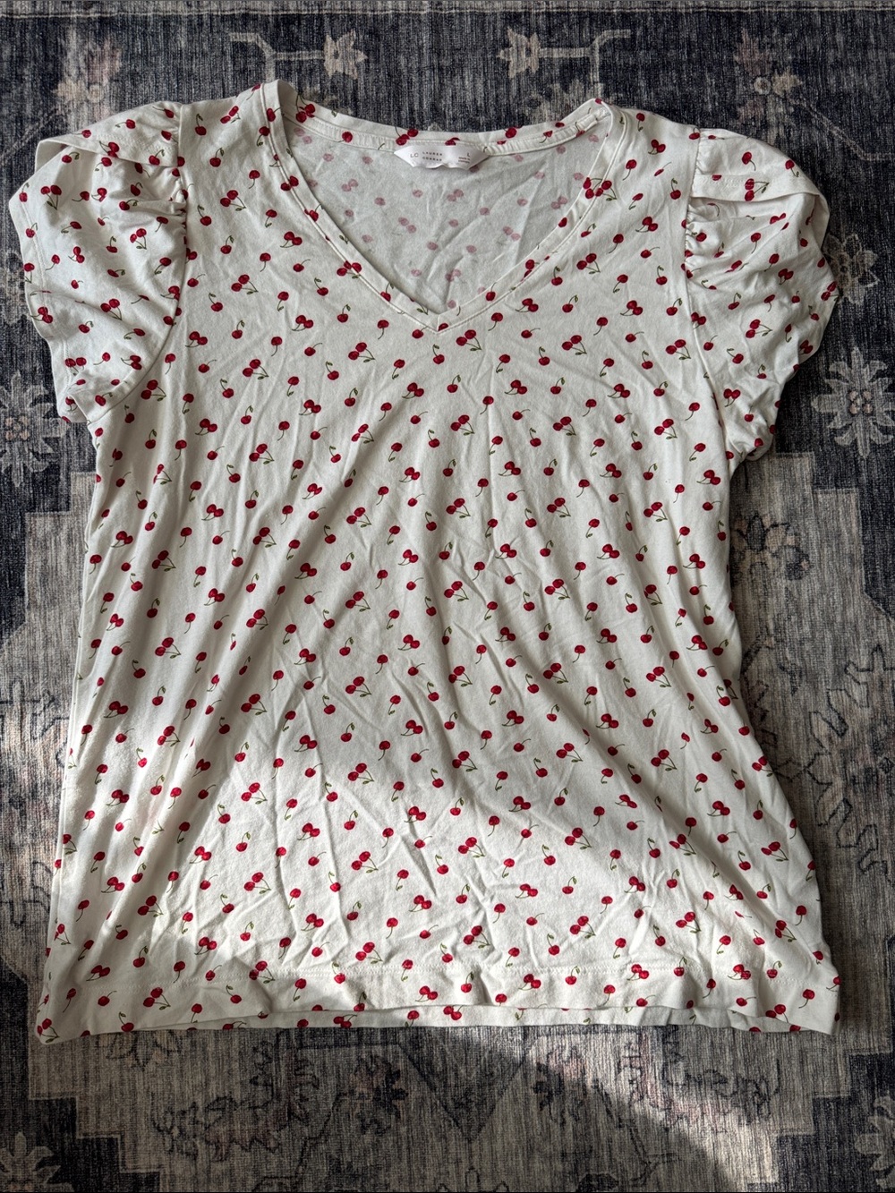 LC Lauren Conrad Cream V-Neck Top with Red Cherry Print